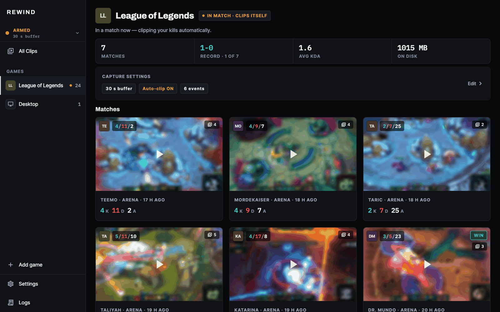A game hub: matches as cards, each with the champion played and that match's kills and deaths.