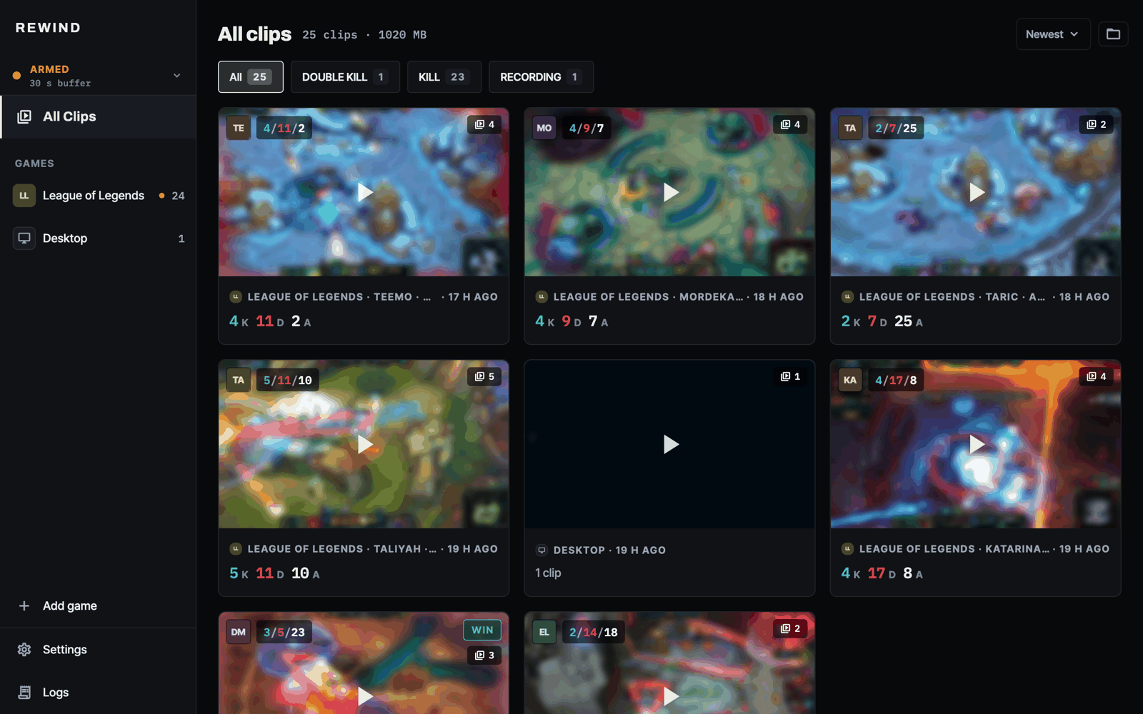 Rewind's clip library: clips grouped by game, each with a thumbnail.