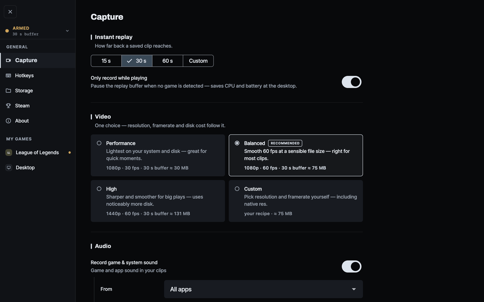 Capture settings: buffer length, which display or app to capture, follow-the-game, and microphone.